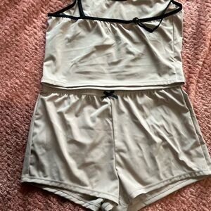 Cream and Black Pajama Set with Soft Fabric and Minimalist Design Bottoms+Top